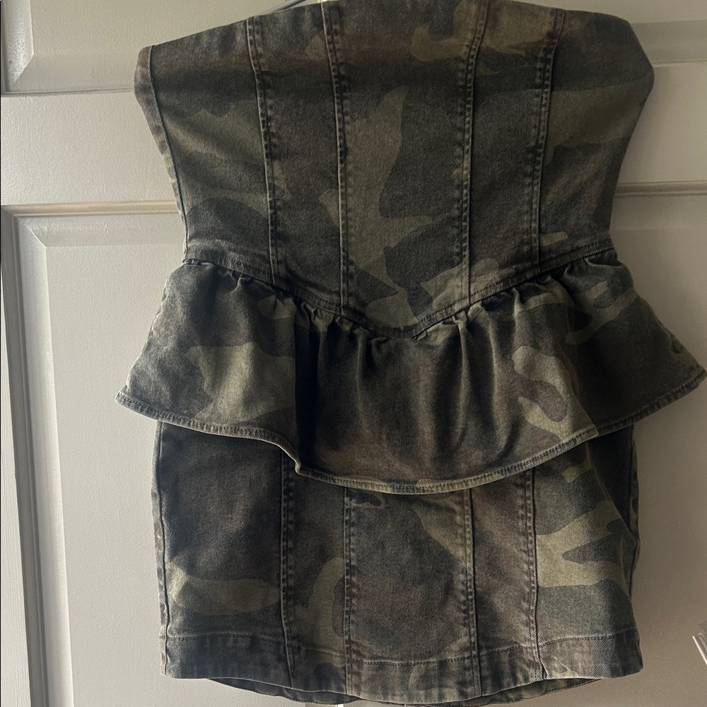 AllSaints Strapless Camo Peplum Dress in Olive Green and Black